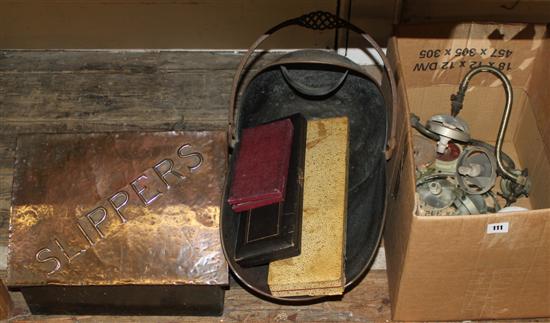 Barbola mirror, 2 glass shades cased cutlery, coal scuttle etc